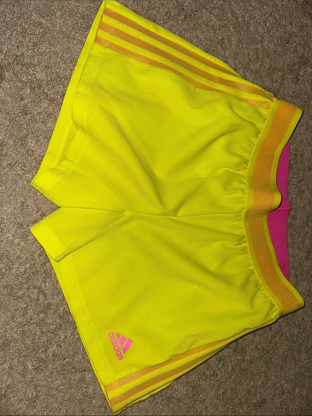 adidas Women's Neon Yellow Athletic Shorts with Pink Accents